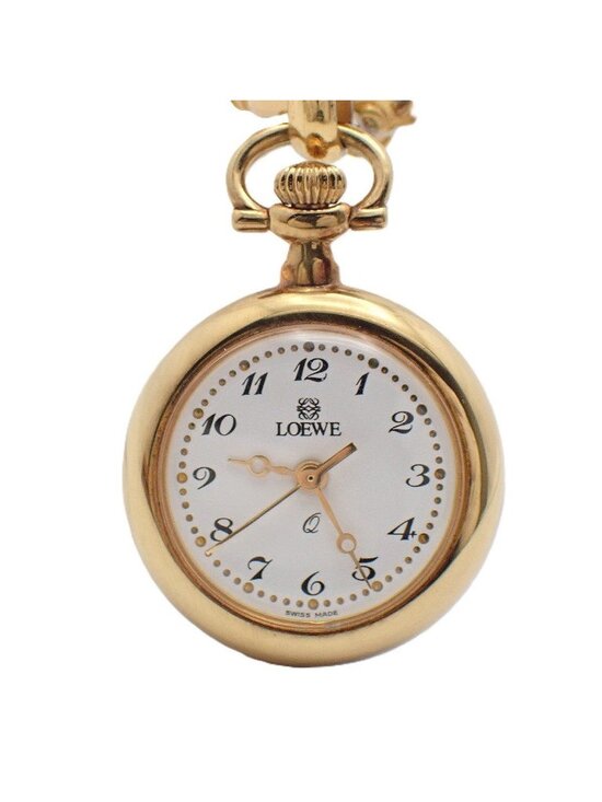 Loewe Pin Broch Watch Pocket Quartz Gold White Dial Pawn main image 5